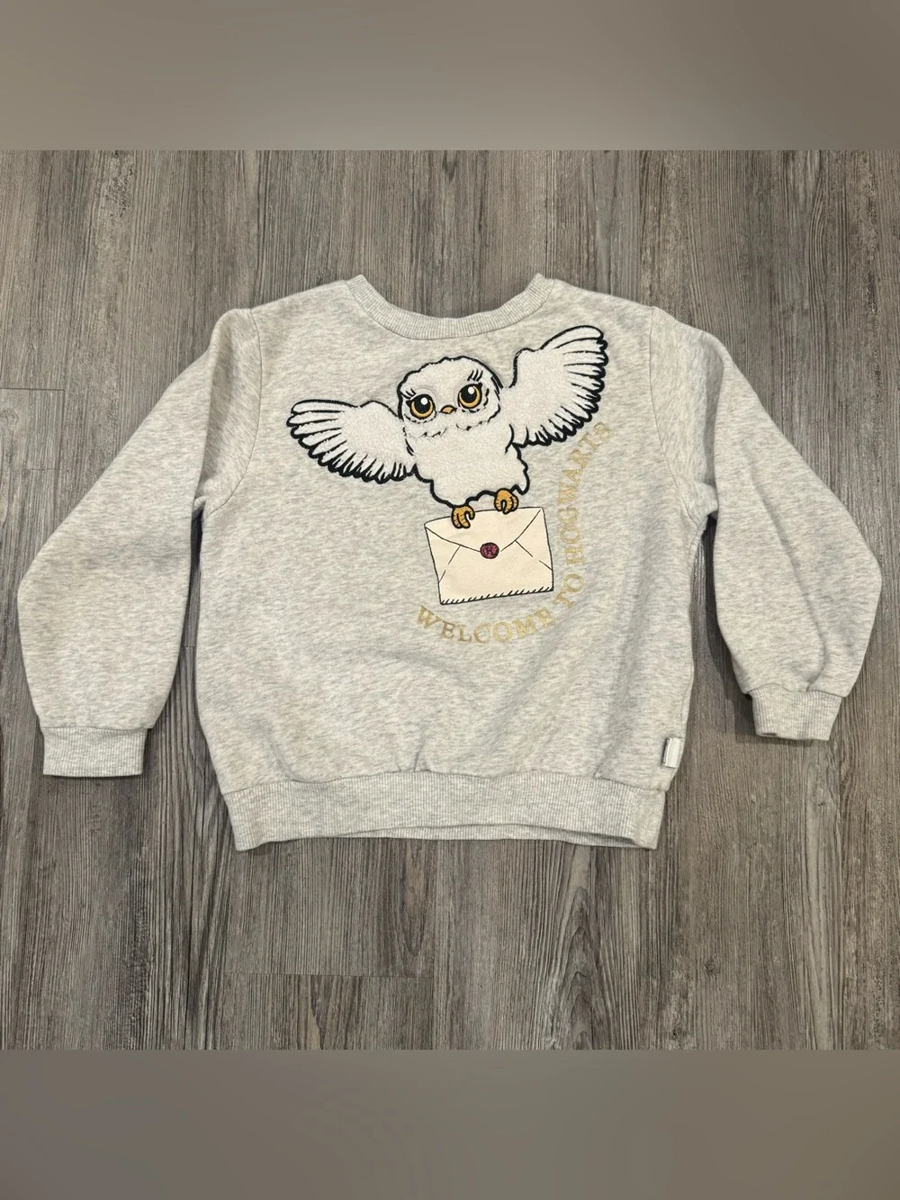 H&M Harry Potter Hedwig Sweatshirt Kids 5T 6 Gray Hogwarts Owl Applique